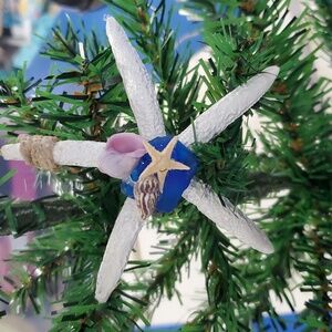 Handmade White Starfish Ornament w. Cobalt Blue Seaglass & Shell Decorations